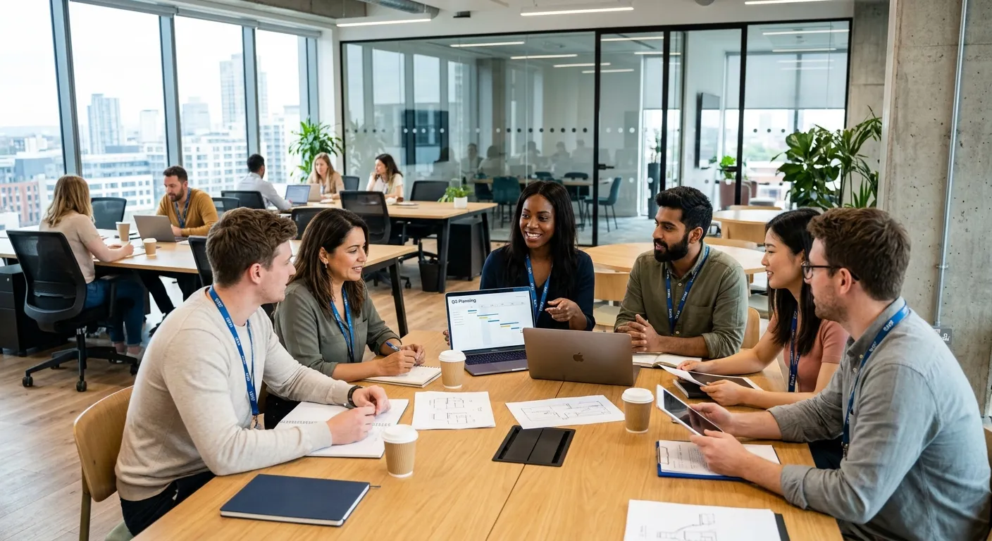 A modern, professional office setting with a diverse team of temporary and permanent employees collaborating in a bright, open-plan workspace. Focus on interaction and productivity. Style: Professional business photography, high contrast, vibrant.