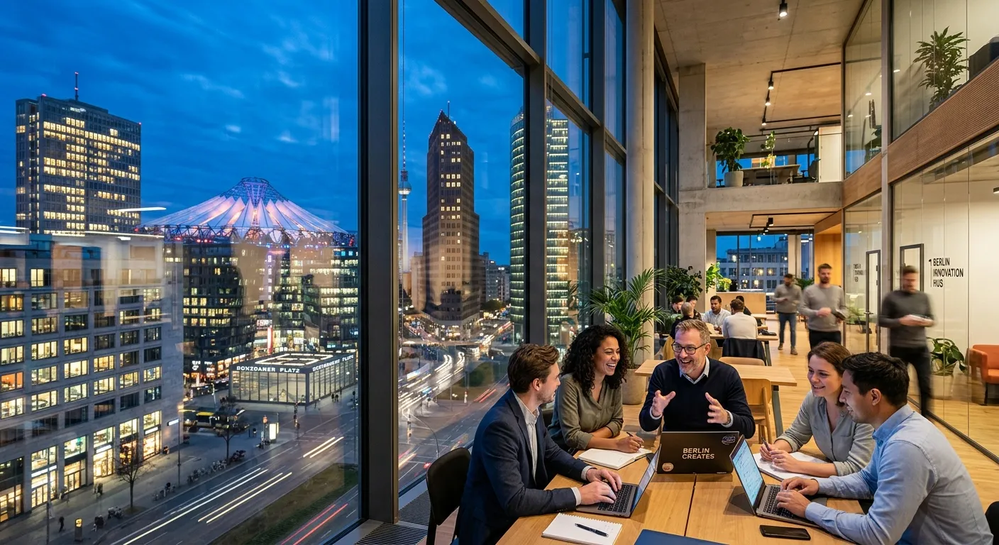 A dynamic, professional photo of Berlin's modern skyline (Potsdamer Platz or Alexanderplatz) blended with diverse professionals in a contemporary office or light industrial setting, representing the blend of city and workforce. Style: Modern, vibrant, hopeful. Mood: Energetic, professional, forward-looking.