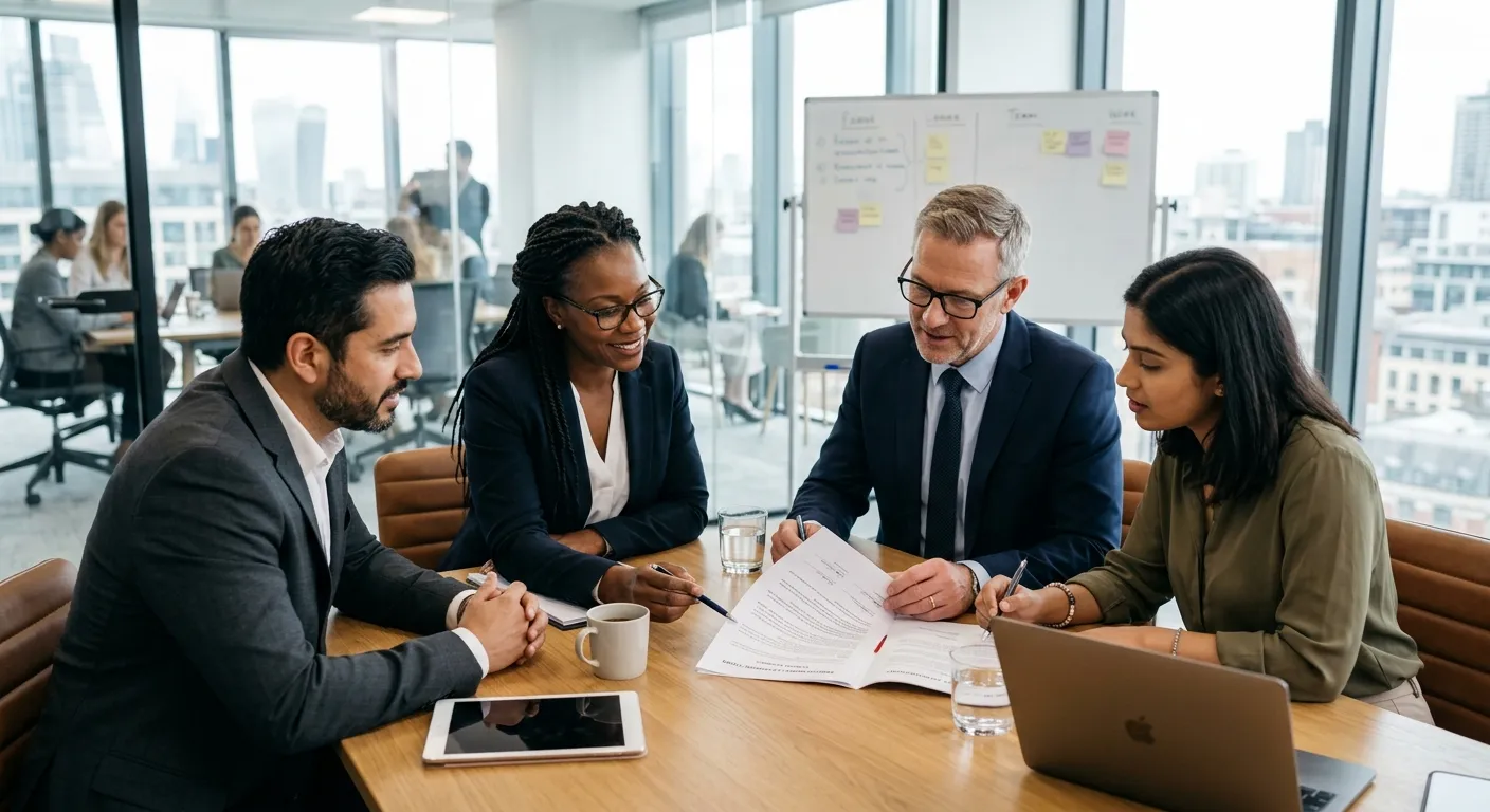A professional, diverse group of business managers and recruitment consultants reviewing a contract document together in a modern, bright office. Style: Professional corporate photography, mood: collaborative, trustworthy, and detail-oriented.