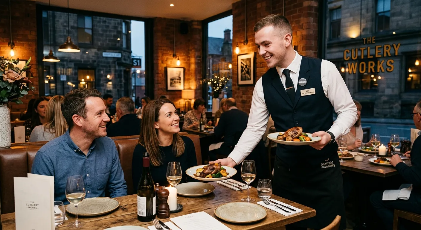 A professional, friendly waiter in a smart Sheffield restaurant, serving a table with a smile, representing the local hospitality scene