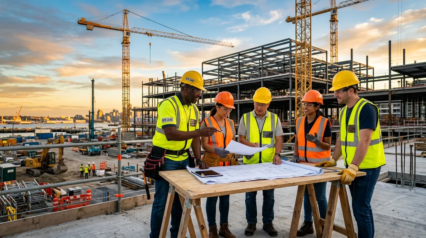A dynamic, professional hero image showing a diverse group of construction workers in high-visibility vests and hard hats, collaborating on a modern construction site with cranes in the background. Style should be realistic, inspiring, and convey action and teamwork.