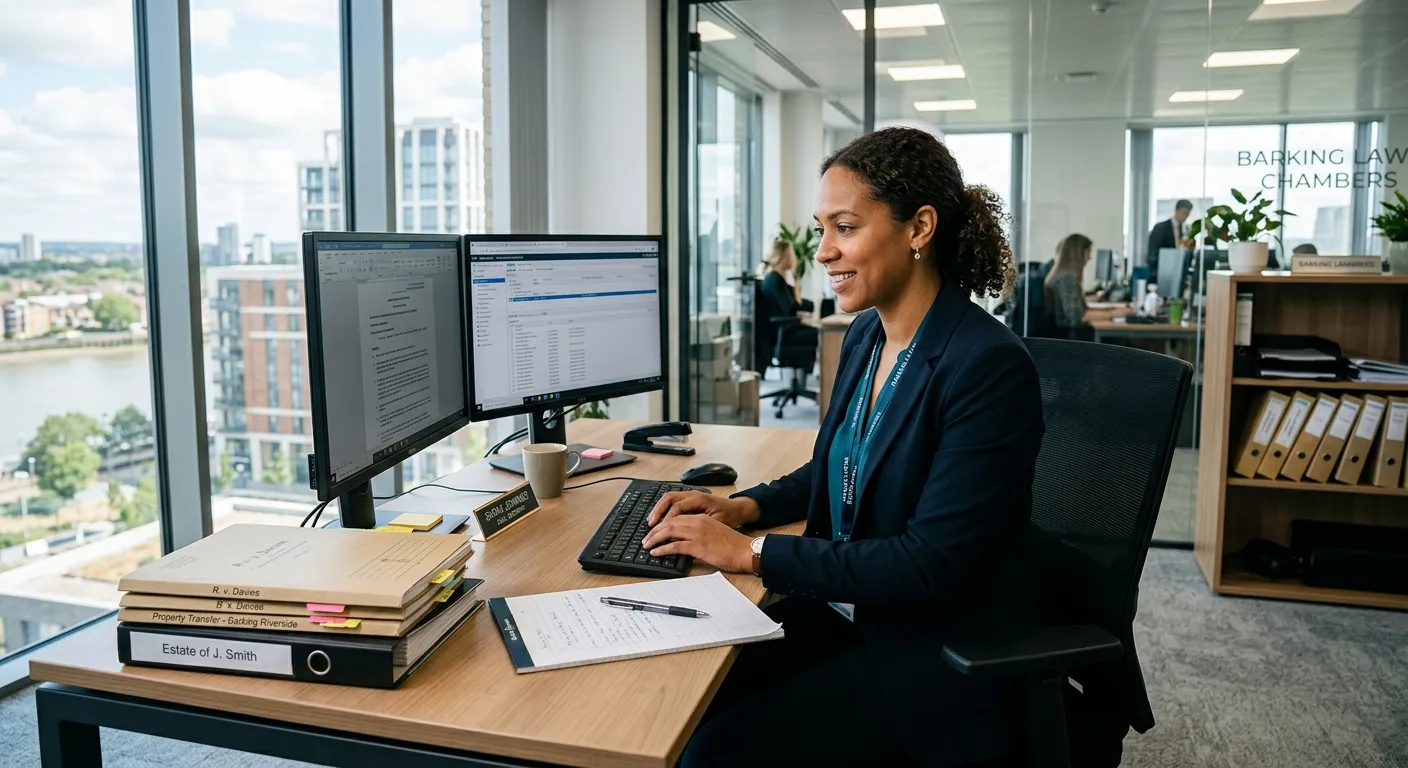 Professional legal secretary working in a modern office in Barking, with a confident and efficient d... Professional legal secretary working in a modern office in Barking, with a confident and efficient demeanor, using a computer and legal documents, natural light from windows, organised desk with files