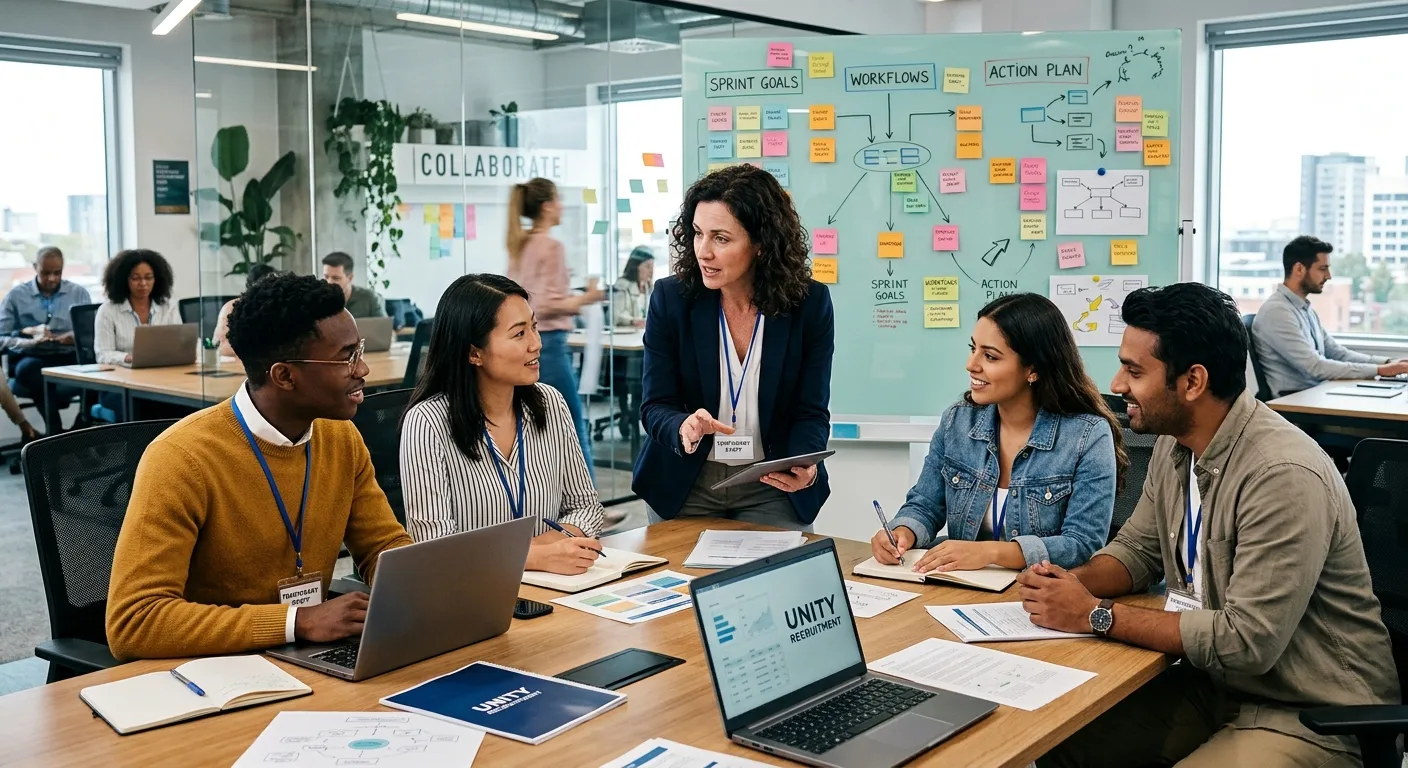 A dynamic, professional hero image showing a diverse group of temporary workers and a business manag... A dynamic, professional hero image showing a diverse group of temporary workers and a business manager collaborating in a modern office setting. The mood is energetic, productive, and solution-oriented, with a focus on connection and action.