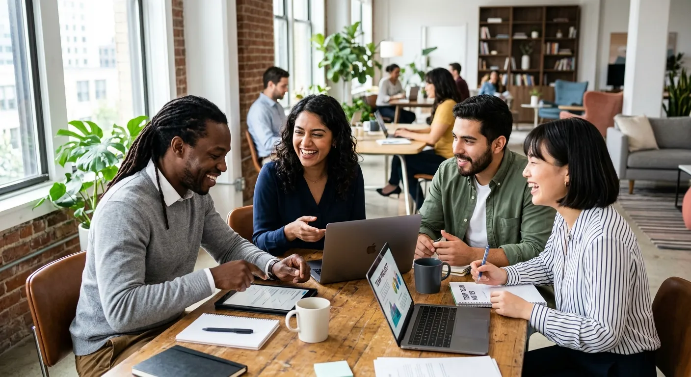 A modern, diverse group of temporary workers in a bright office setting, smiling and collaborating. Professional and energetic mood, high contrast, sharp focus.