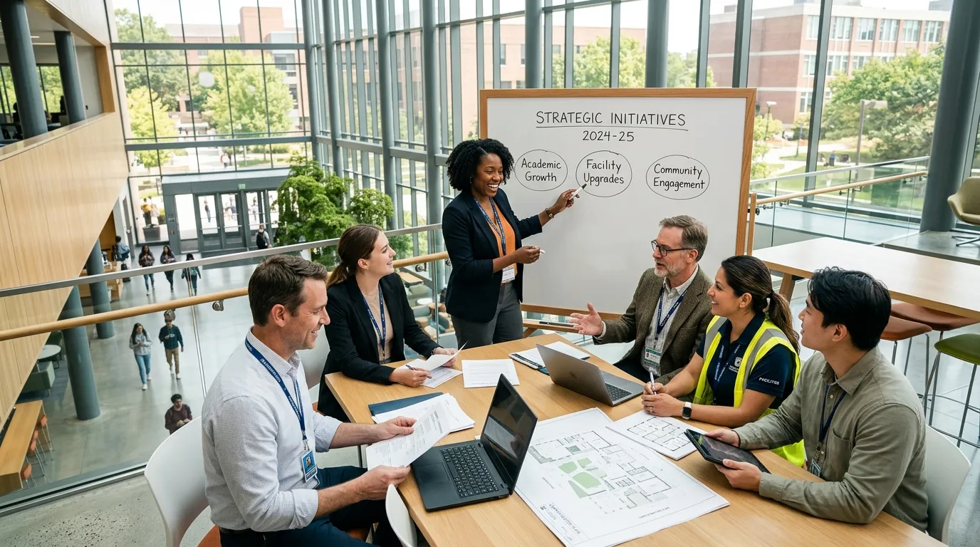 A dynamic, professional hero image showing a diverse group of university professionals collaborating in a modern campus setting. Include academics, facilities staff, and administrators in a sunlit university building, conveying partnership and strategic planning. Style: Modern, professional, high-contrast. Mood: Collaborative, forward-thinking, and efficient.