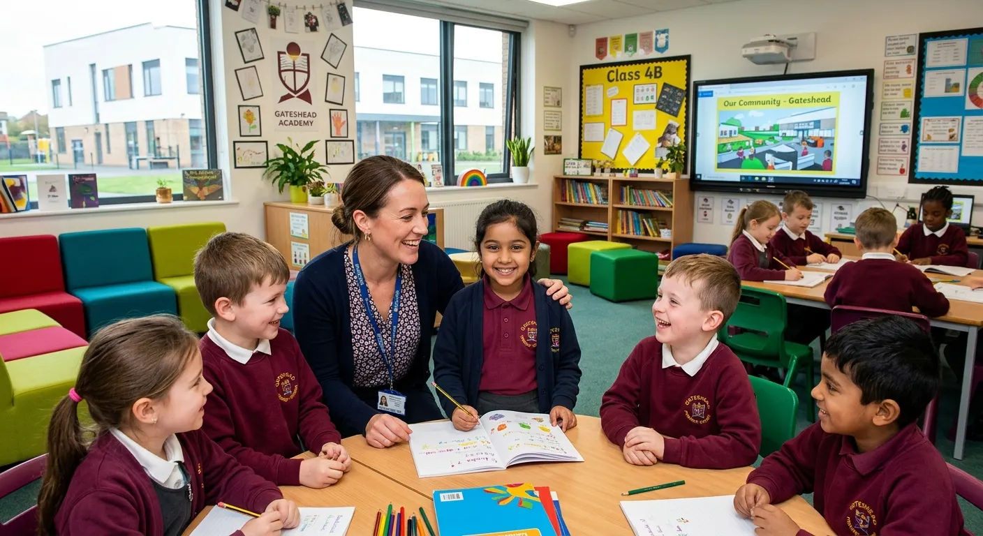 A professional, friendly-looking teacher in a modern classroom in a Gateshead school, interacting with students. The mood is positive, engaging, and trustworthy.