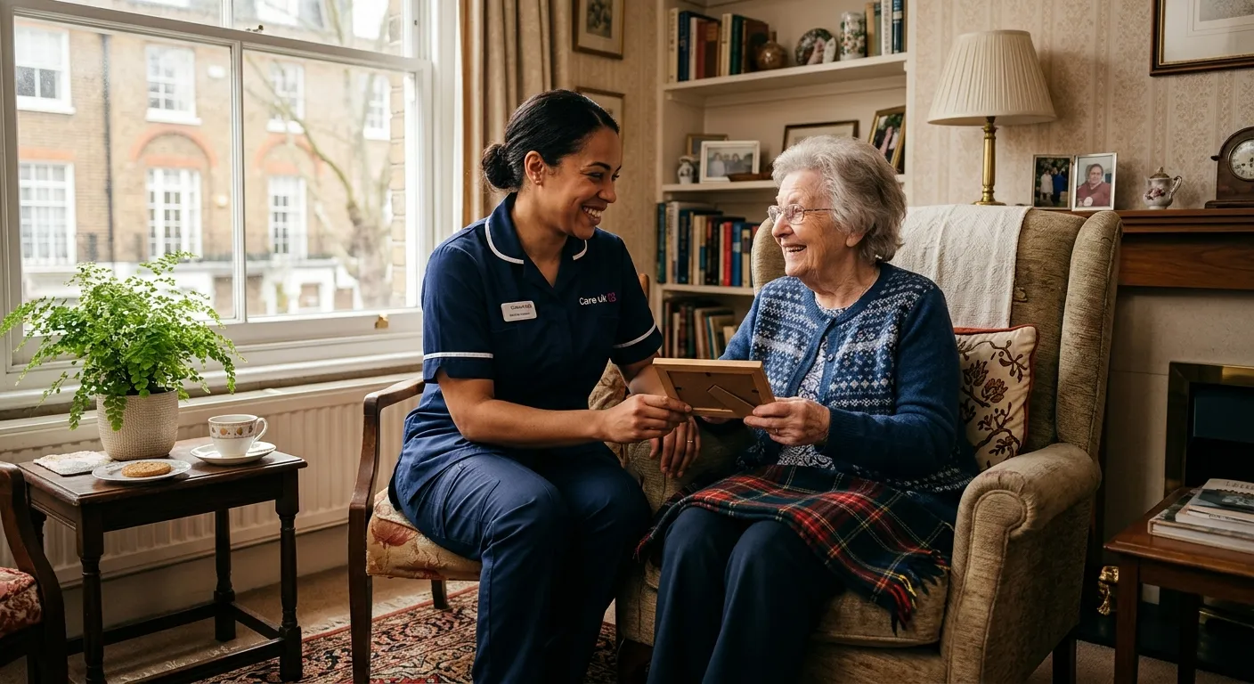 A warm, professional photo of a Domiciliary Care Worker smiling while assisting an elderly client in a well-lit, homely living room in a Holborn apartment. Focus on compassion and professionalism.