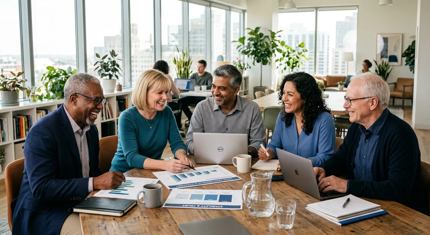 A diverse, professional team of long-term employees collaborating in a modern, sunlit office environment. They are smiling and gathered around a table with laptops and charts, conveying stability, trust, and teamwork.