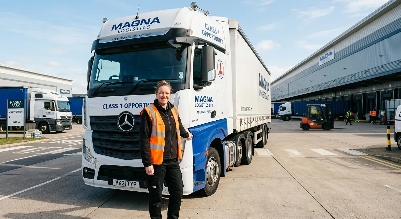 A professional HGV Driver in a high-visibility vest smiling confidently beside a modern articulated lorry (Class 1) parked in a well-organised distribution yard at Magna Park Milton Keynes, sunny day, conveying trust and opportunity.