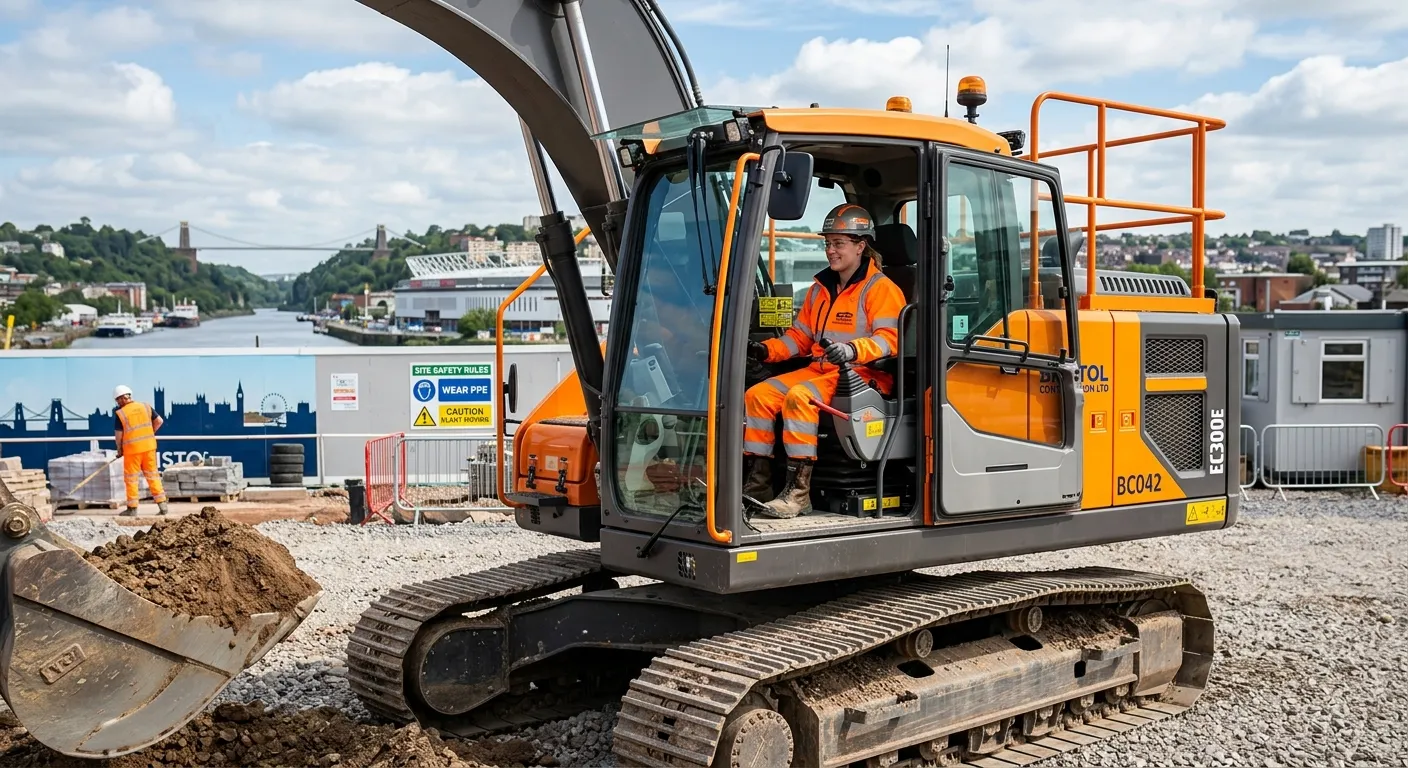 A professional, well-lit photograph of a skilled Plant Operator in high-visibility PPE safely operating a modern excavator on a well-organised construction site in Bristol. The scene conveys competence, safety, and industry.