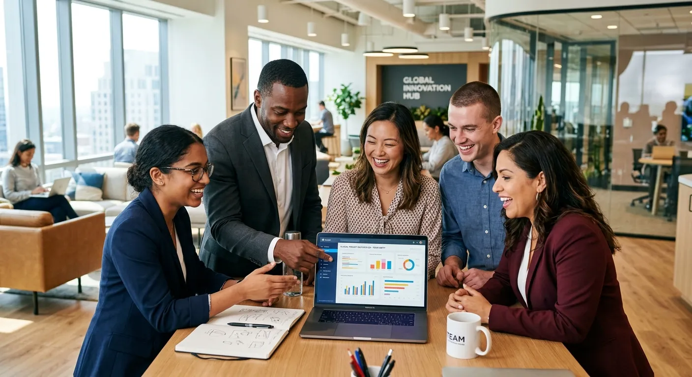 A professional, diverse group of employees collaborating in a modern office environment, smiling and looking at a laptop screen. Style: Bright, aspirational, and corporate. Mood: Successful, collaborative, and forward-thinking.