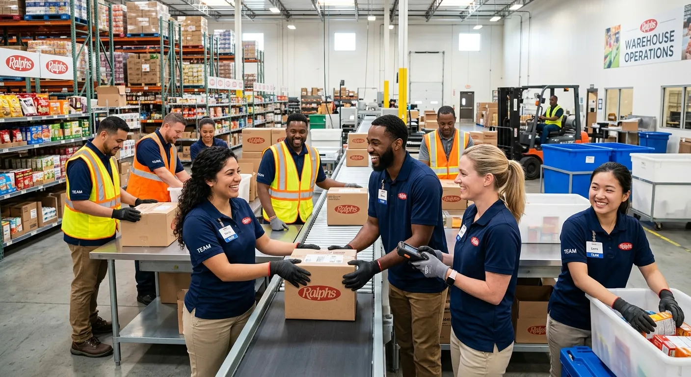 A professional, high-energy photograph of a diverse group of temporary workers in a modern warehouse or retail setting like Ralphs, smiling and collaborating. Style: Bright, clean, corporate. Mood: Efficient, dynamic, and reliable.