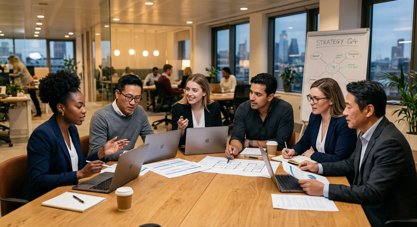 A diverse group of professional workers in a modern office setting, collaborating around a table with laptops and documents. The mood is confident, strategic, and forward-looking. Style: Professional corporate photography with warm, focused lighting.