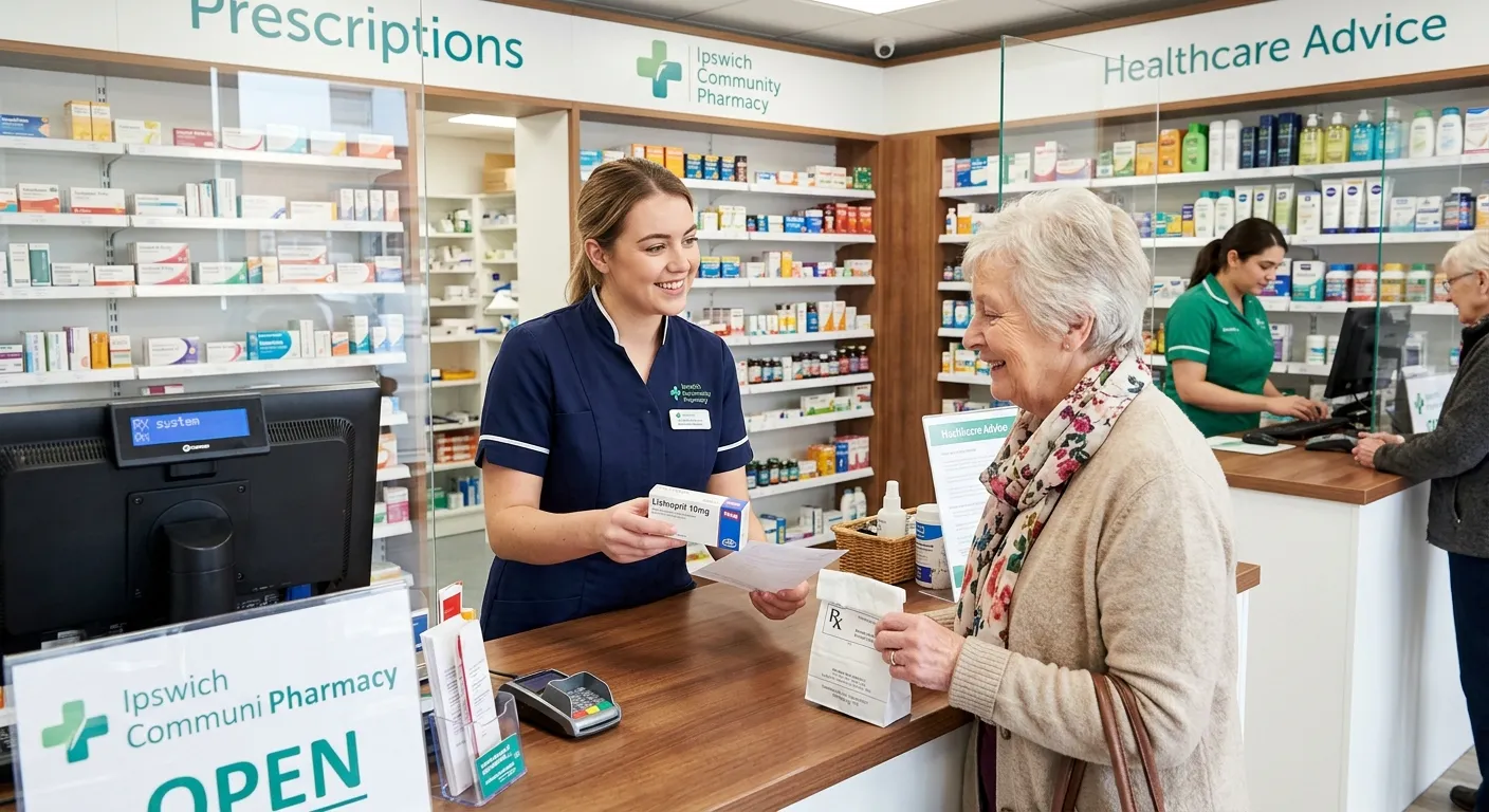 A professional, friendly pharmacy assistant in a modern community pharmacy in Ipswich, assisting a c... A professional, friendly pharmacy assistant in a modern community pharmacy in Ipswich, assisting a customer with a prescription. Bright, clean, and welcoming atmosphere, showcasing teamwork and healthcare.