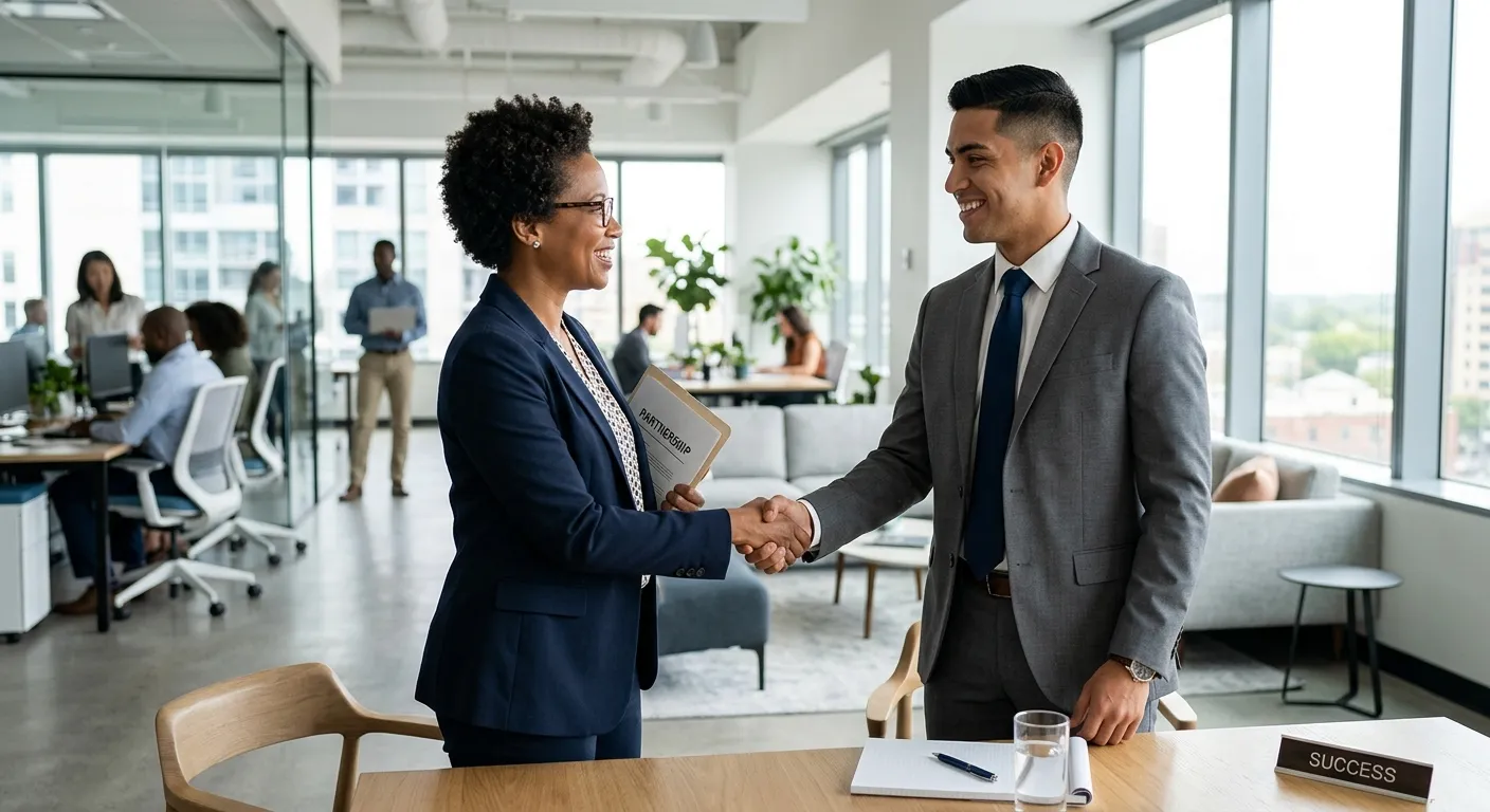 A professional, high-contrast photo of a diverse hiring manager and a candidate shaking hands in a modern office environment. The candidate is smiling confidently. Style: Corporate, clean, and aspirational. Mood: Trust, success, and partnership.