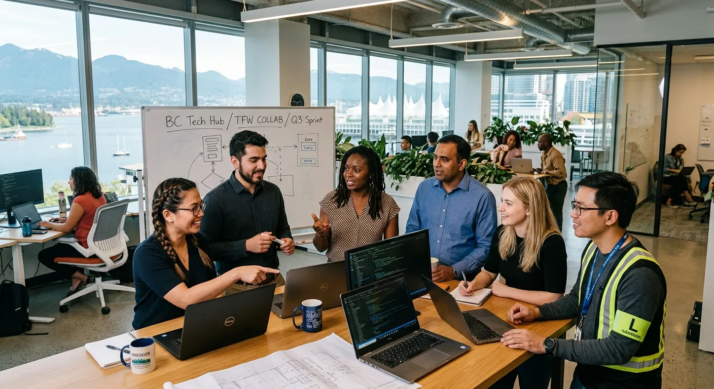 A professional, diverse group of temporary foreign workers collaborating in a modern British Columbi... A professional, diverse group of temporary foreign workers collaborating in a modern British Columbia workplace, such as a tech office or a clean manufacturing facility. Style: Authentic, bright, and welcoming mood.