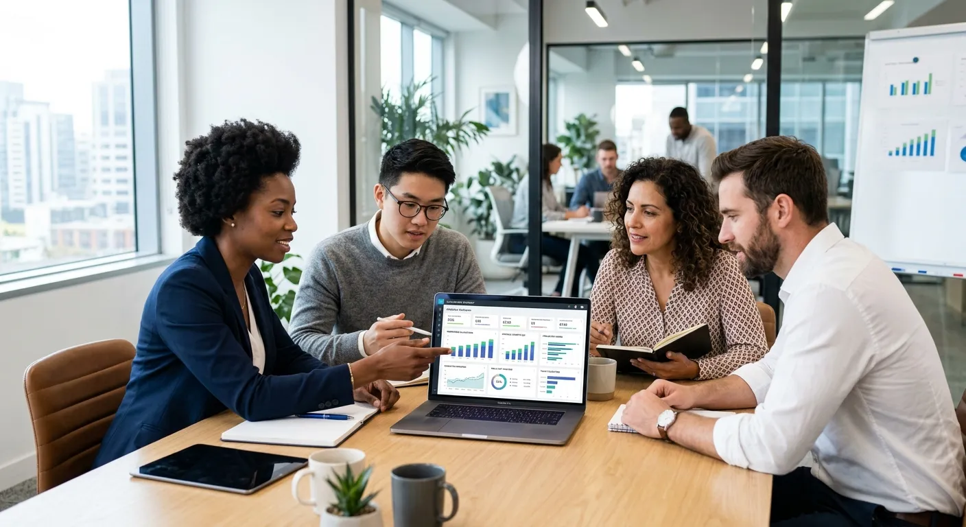 A professional, modern office setting with diverse team members collaborating around a laptop showin... A professional, modern office setting with diverse team members collaborating around a laptop showing analytics dashboards and workforce planning charts. Style is bright, clean, and focused on data-driven decision-making.