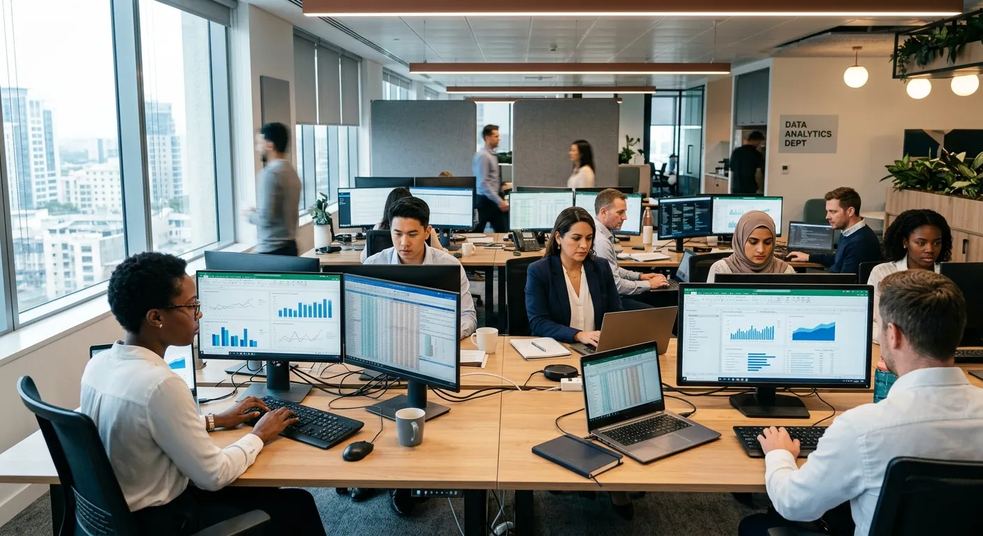 A modern, well-lit office workspace with a diverse team of professionals focused on computer screens, entering and processing data. The mood is efficient, professional, and technology-driven.