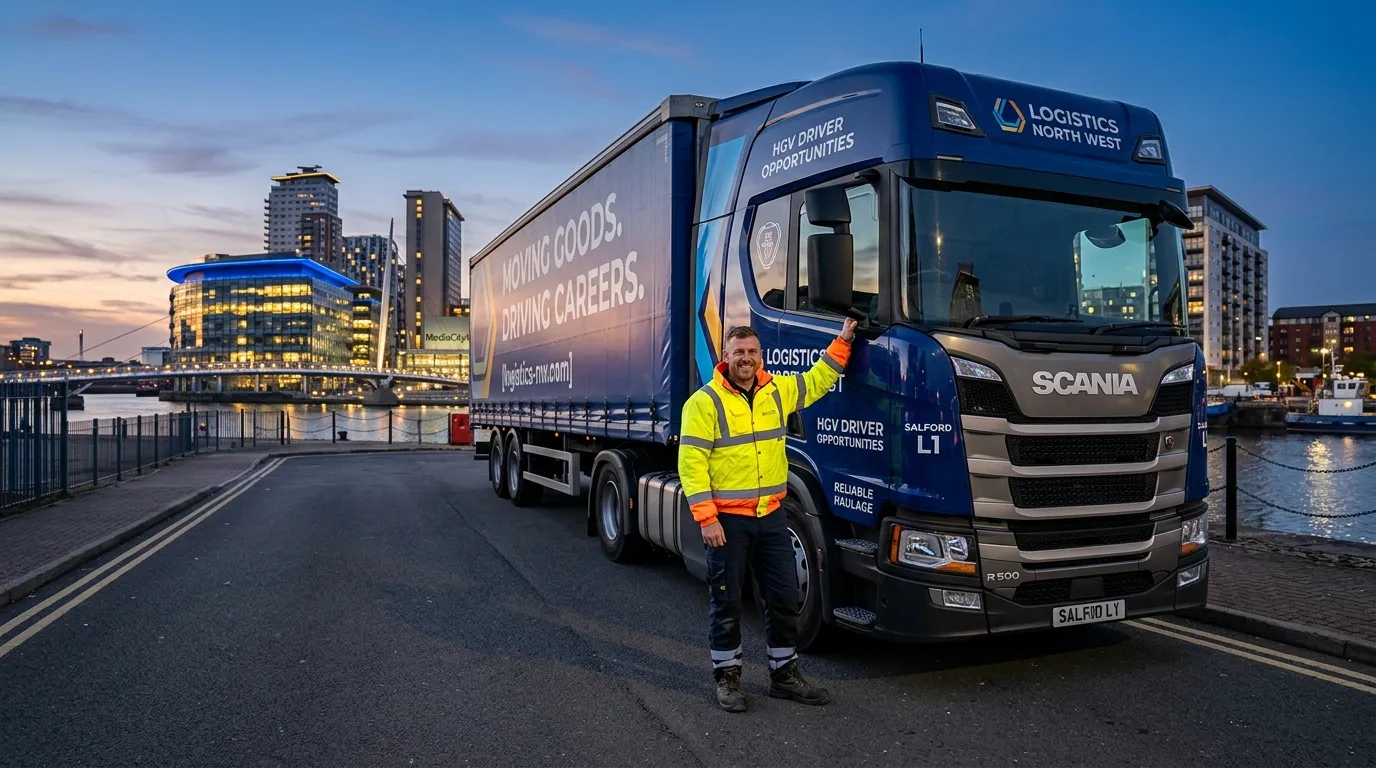 A professional, modern hero image depicting a confident HGV Driver in high-visibility clothing, standing beside a modern articulated lorry against a backdrop of the Salford Quays skyline, conveying reliability and local opportunity.