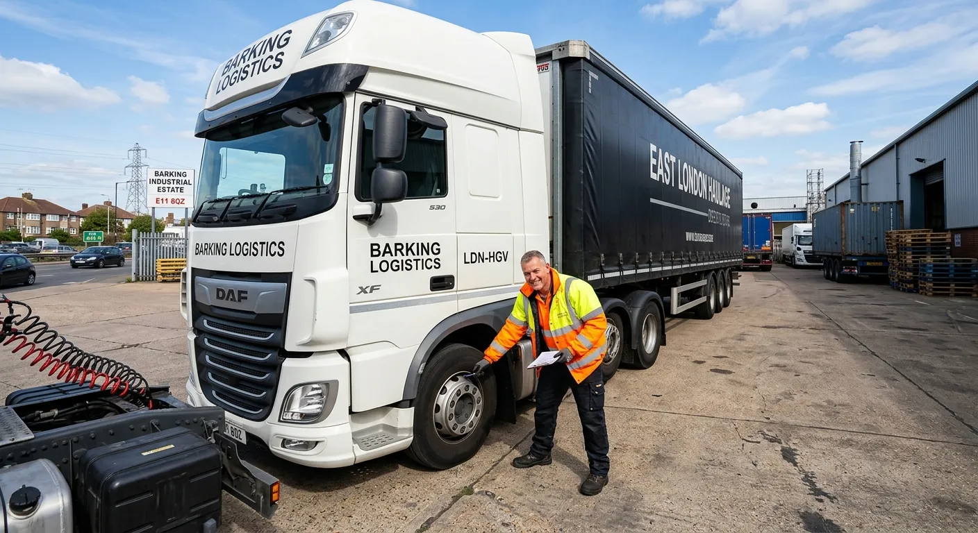 A professional, confident HGV driver in high-visibility clothing, performing a vehicle safety check on a modern articulated lorry parked in an industrial yard in Barking. Bright, clear day, focus on professionalism and the local setting.