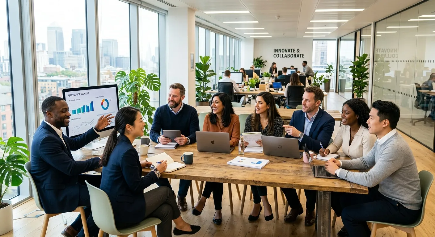 A diverse group of modern professionals collaborating in a bright, open-plan office, symbolizing a fully hired and integrated team. Style: Professional, bright, high-resolution corporate photography. Mood: Collaborative, successful, and dynamic.