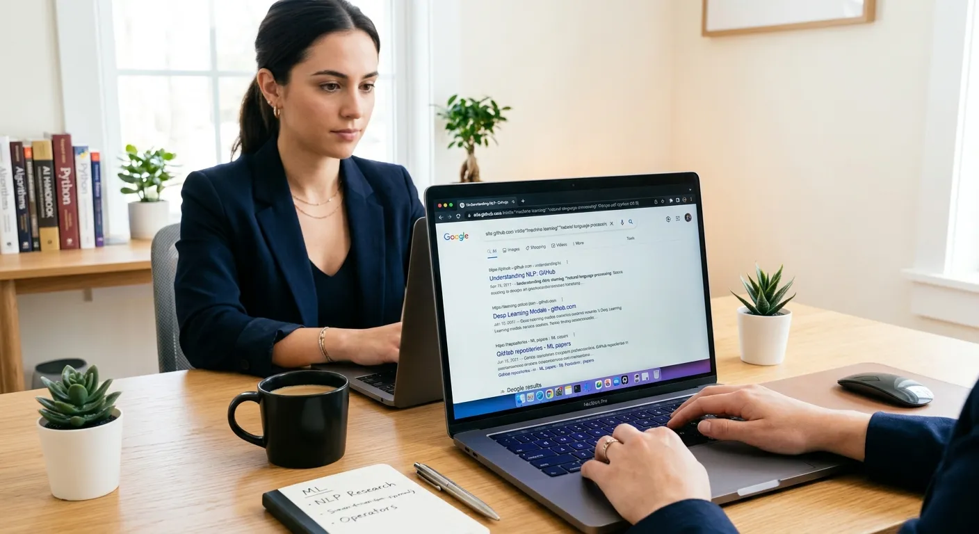 A professional, modern workspace with a laptop screen showing a detailed Google search query using operators like
