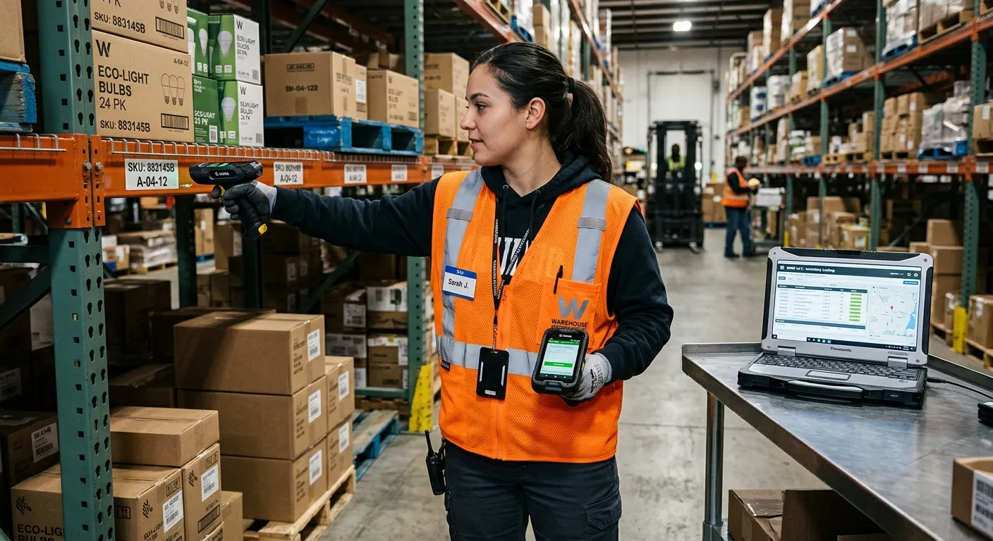 A person in a warehouse safety vest using a handheld Zebra scanner to check a barcode on a shelf, with a laptop showing the WMS interface in the background.