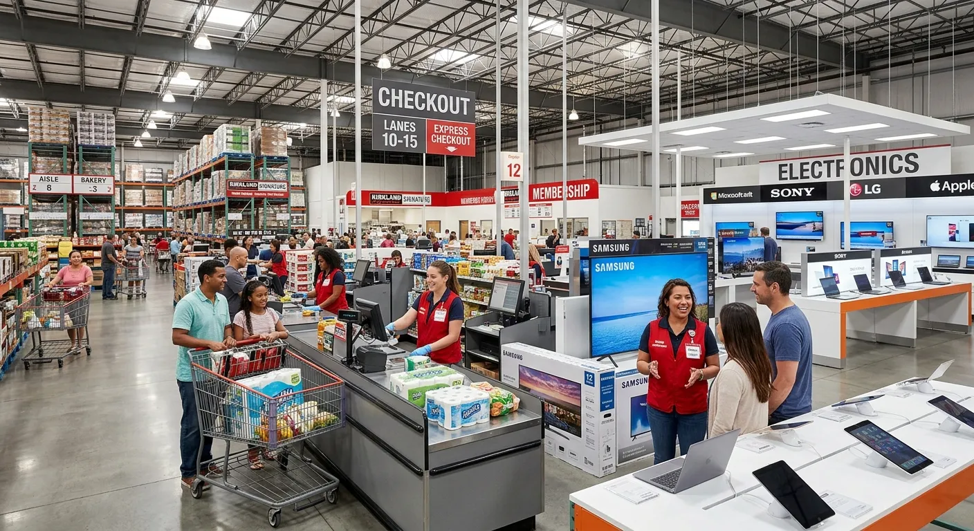 Professional, well-lit interior shot of a modern Costco warehouse floor, showing friendly employees in red vests assisting customers at the checkout and in the electronics section. Mood: welcoming, busy, and corporate.