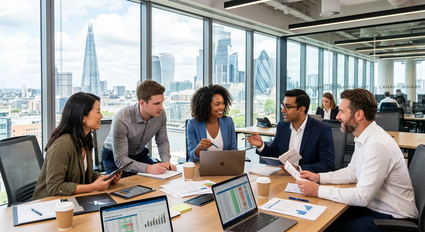 A professional, modern office environment in London's financial district, with a diverse team of finance professionals collaborating at a desk. Style: Bright, clean, and aspirational.
