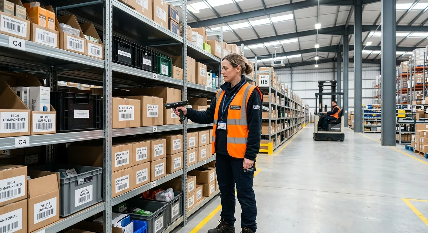 A professional, modern warehouse interior in Manchester, showing an Inventory Clerk using a handheld scanner to check stock on metal shelving. Bright, clean, and well-lit environment, conveying efficiency and organisation.