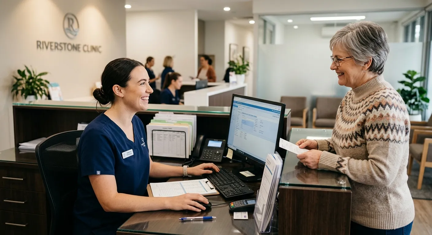 A professional, well-lit photo of a friendly medical office receptionist in a modern clinic, smiling... A professional, well-lit photo of a friendly medical office receptionist in a modern clinic, smiling and assisting a patient at a front desk with a computer and organized paperwork. Style: Warm, professional, and welcoming. Mood: Efficient, caring, and trustworthy.