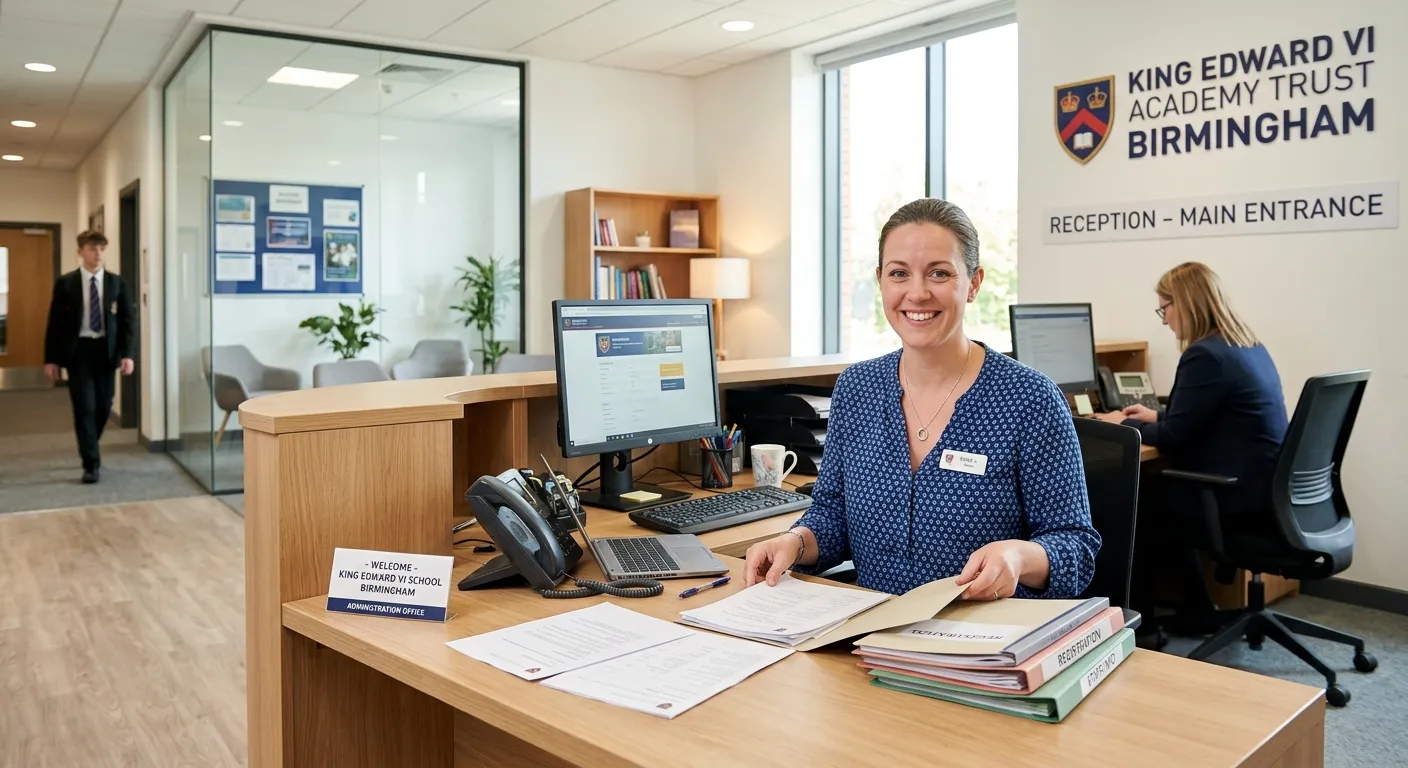 A professional, welcoming image of a modern school reception or administrative office in a Birmingha... A professional, welcoming image of a modern school reception or administrative office in a Birmingham setting. A friendly administrator is at a desk, organising papers and smiling at the camera. The style is bright, clean, and conveys efficiency and warmth.