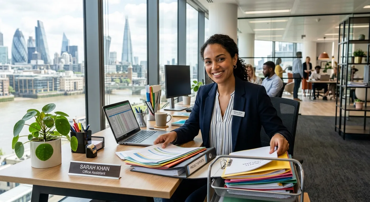 A professional, friendly-looking Office Assistant of diverse background, smiling and organising paperwork in a modern, bright London office. The image should convey efficiency, approachability, and a dynamic work environment.