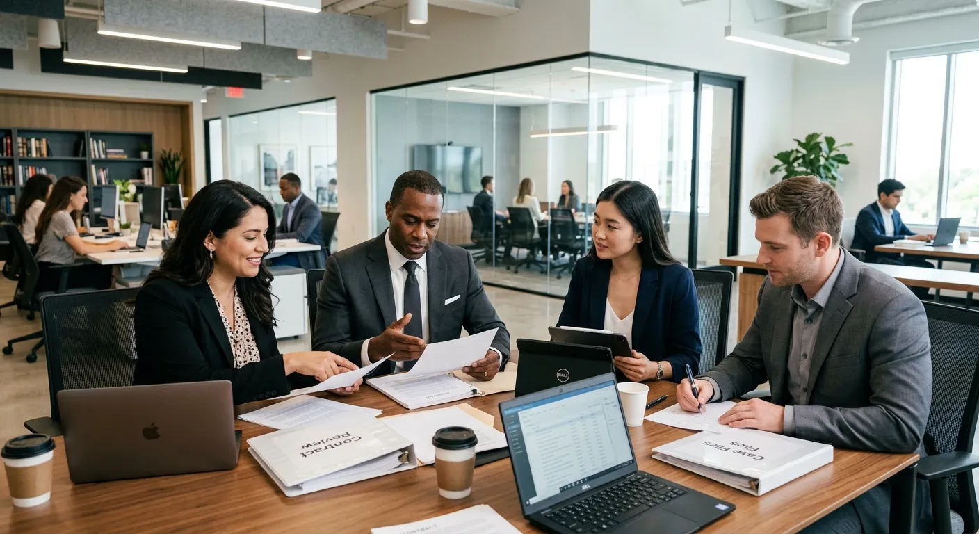 Professional, modern office environment in a law firm. A diverse group of well-dressed temporary legal professionals (paralegals, legal secretaries, contract administrators) collaborating in a bright, contemporary workspace. Style: Authentic, high-resolution professional photography. Mood: Competent, efficient, and dynamic.