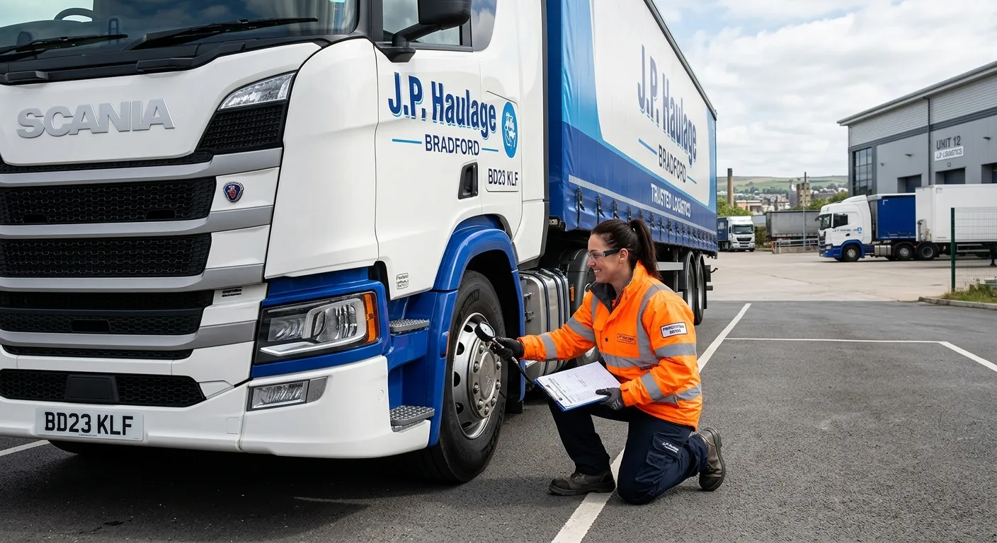 A professional HGV driver in hi-vis clothing, performing a vehicle check on a large articulated lorr... A professional HGV driver in hi-vis clothing, performing a vehicle check on a large articulated lorry in an industrial yard in Bradford, with a modern, clean, and trustworthy aesthetic.
