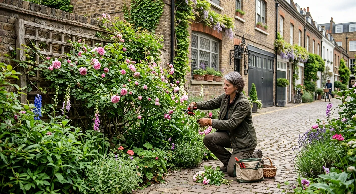 A skilled gardener meticulously pruning a rose bush in a beautifully maintained, enclosed private garden in a Westminster mews, with historic brickwork in the background.