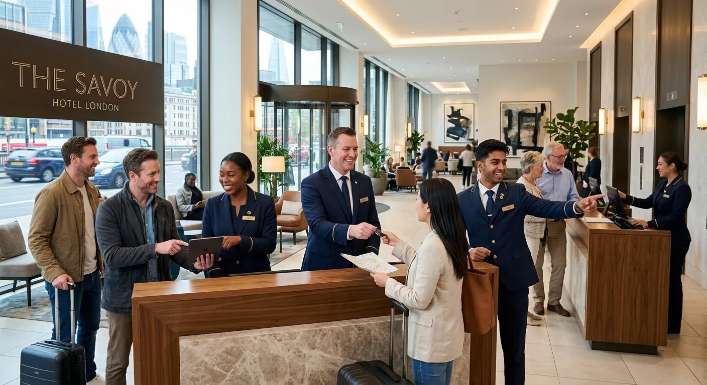 A vibrant, professional photo of a diverse team of hospitality staff in a modern London hotel lobby, smiling and assisting guests. The style should be bright, welcoming, and convey a sense of active teamwork.