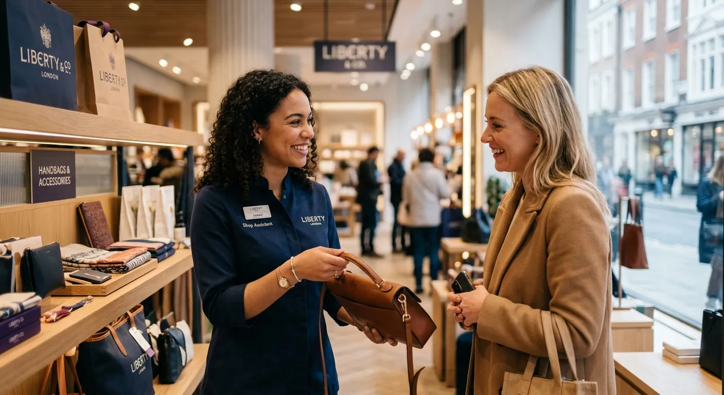 A professional, welcoming image of a Shop Assistant in a modern London retail environment, smiling w... A professional, welcoming image of a Shop Assistant in a modern London retail environment, smiling while assisting a customer. The mood is friendly, efficient, and customer-focused.
