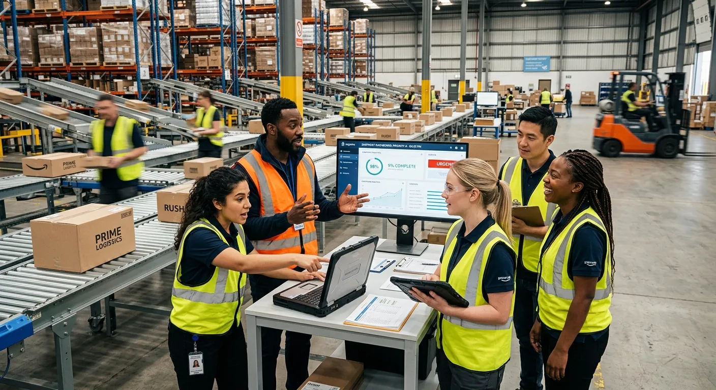 A dynamic, professional photo of a diverse team of workers in a modern warehouse or office setting, looking engaged and productive. The style is vibrant and energetic, with a focus on collaboration and urgency. Mood: Professional, fast-paced, and solution-oriented.