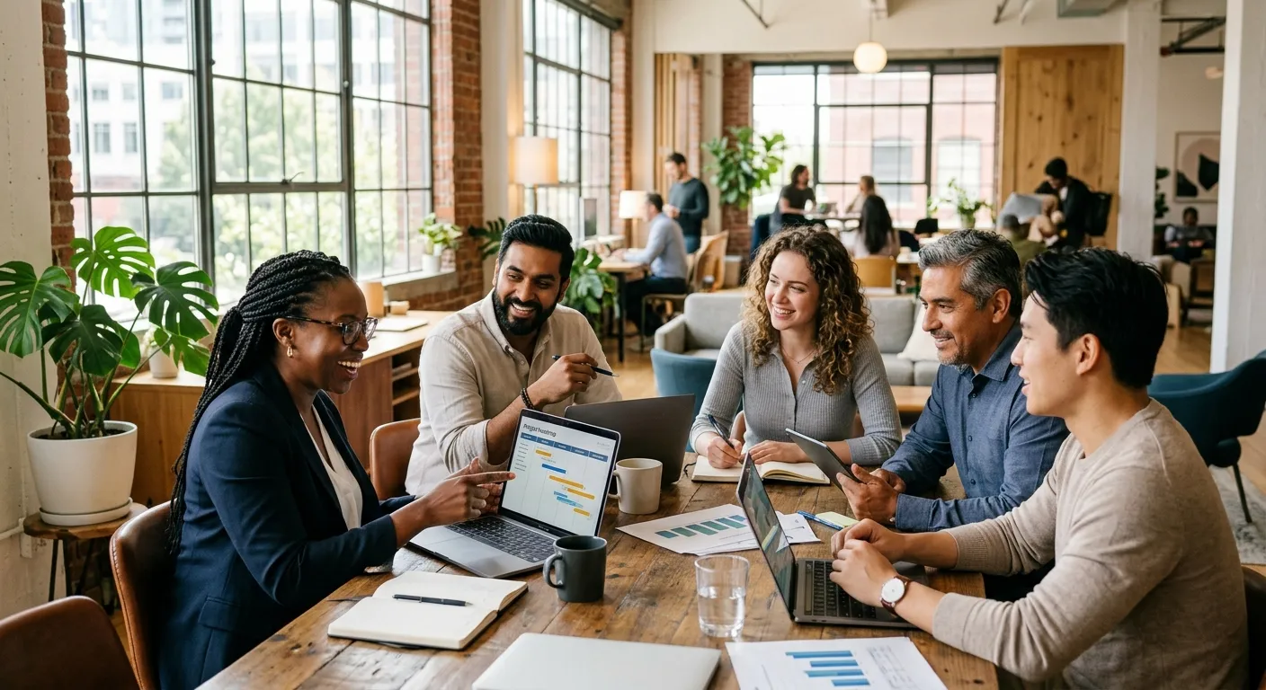 A professional, diverse group of modern office workers collaborating in a bright, sunlit co-working space. The mood is energetic, successful, and collaborative, with a focus on human connection and productivity.