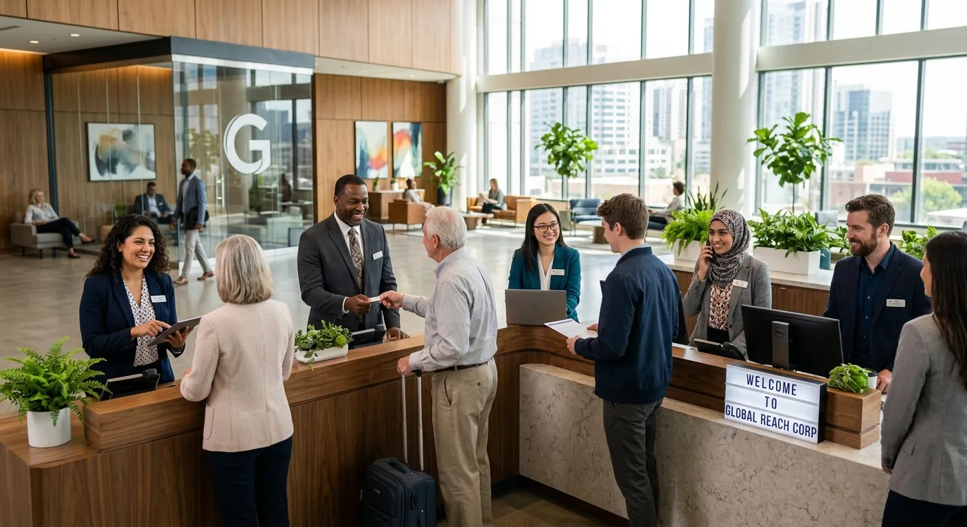 A professional, diverse group of friendly receptionists in a modern office lobby, smiling and assisting guests. High-resolution, bright and welcoming mood.