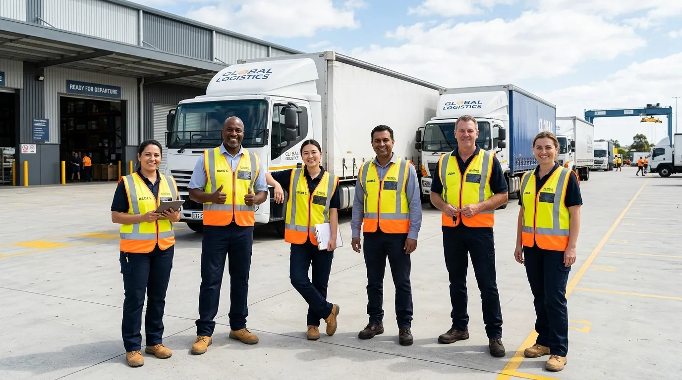 A dynamic hero image featuring a diverse group of professional drivers in high-visibility vests, sta... A dynamic hero image featuring a diverse group of professional drivers in high-visibility vests, standing confidently in front of modern logistics vehicles in a well-organized depot. The style is bright, aspirational, and professional, with a focus on teamwork and readiness.
