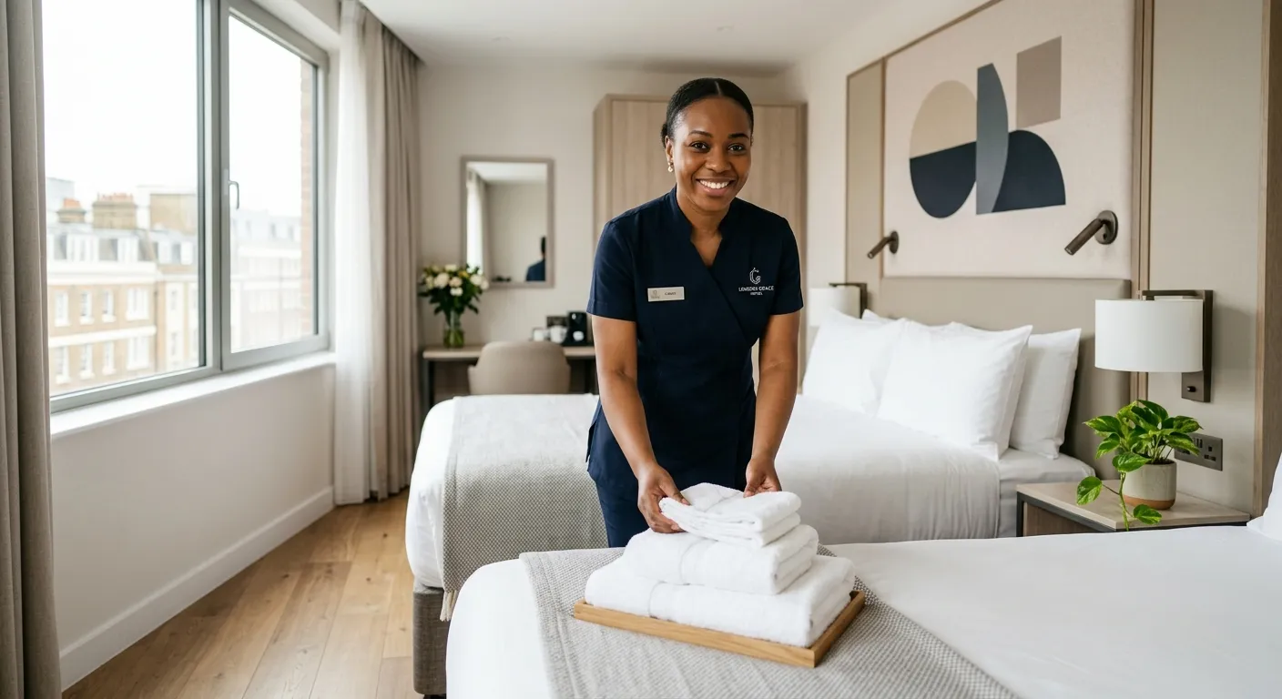 A professional, welcoming image of a well-presented hotel room attendant in a clean, modern London h... A professional, welcoming image of a well-presented hotel room attendant in a clean, modern London hotel room, smiling while arranging towels. The mood is bright, clean, and professional.