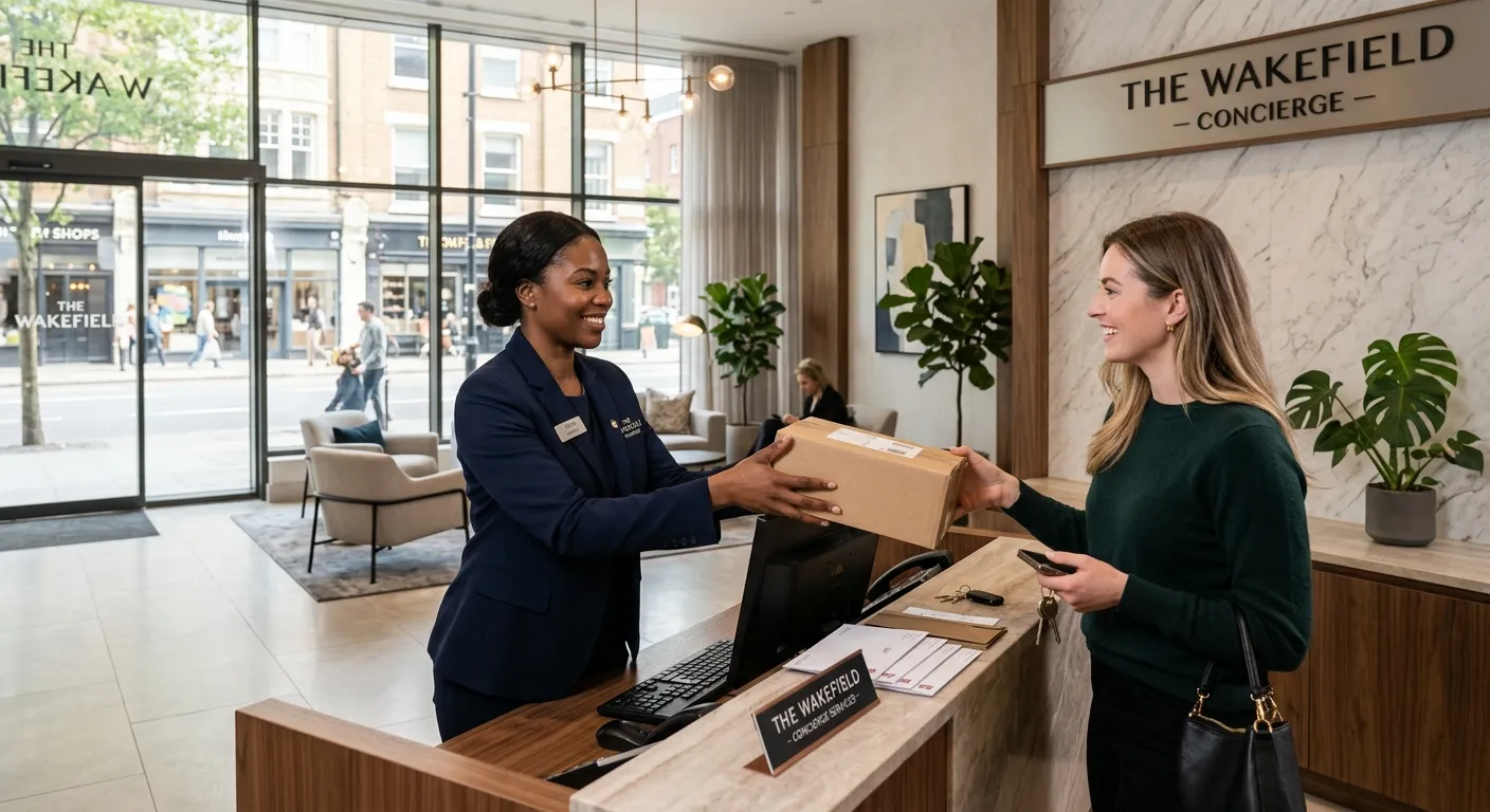 A professional, welcoming concierge in a modern apartment building lobby in Wakefield, assisting a resident with a package. The image should convey hospitality, trust, and a premium service environment.