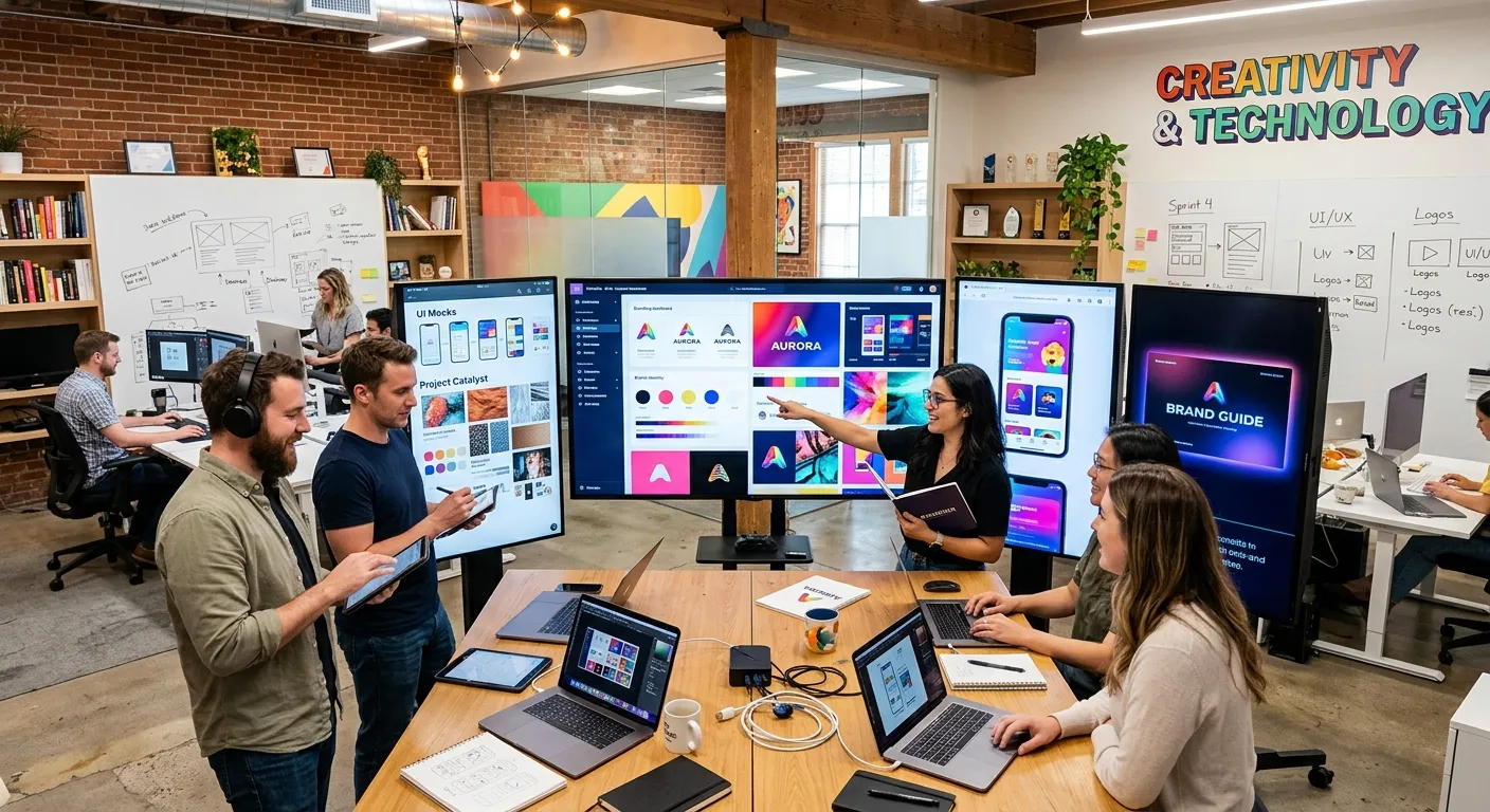 A modern, dynamic workspace of a graphic design agency, showing designers collaborating on large scr... A modern, dynamic workspace of a graphic design agency, showing designers collaborating on large screens with vibrant brand visuals, UI mockups, and mood boards. Style: Professional, energetic, with a focus on creativity and technology.