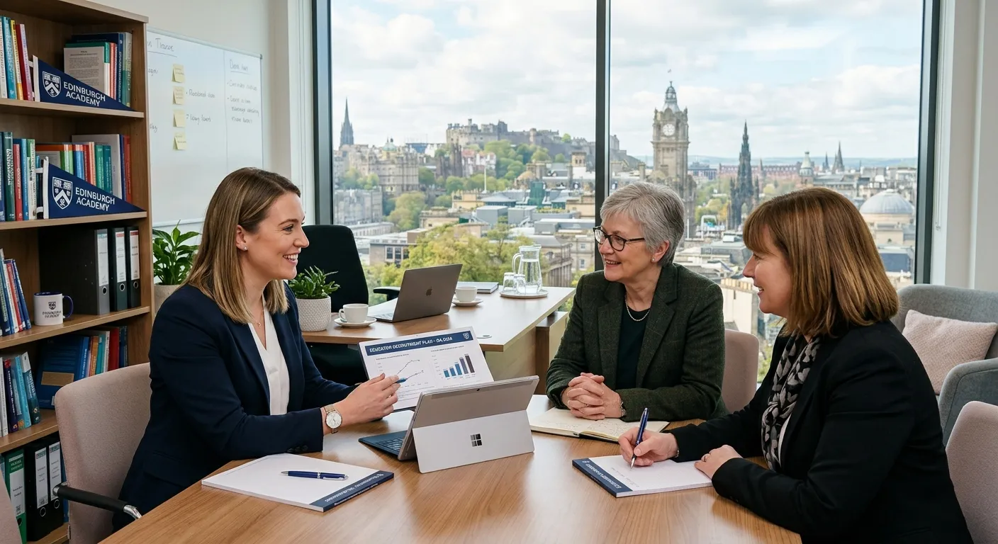 A professional, encouraging meeting in a modern school office. A well-dressed recruitment consultant is showing documents on a tablet to a school headteacher and HR manager, with a cityscape of Edinburgh visible through the window.