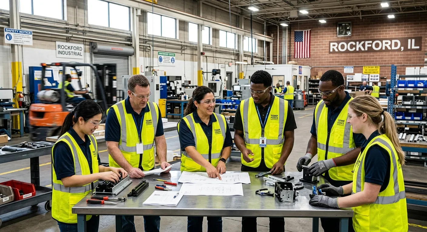 A dynamic, professional photo of a diverse team of temporary workers collaborating in a modern indus... A dynamic, professional photo of a diverse team of temporary workers collaborating in a modern industrial or office setting in Rockford, Illinois. The image should convey energy, reliability, and partnership, with a focus on people in action.