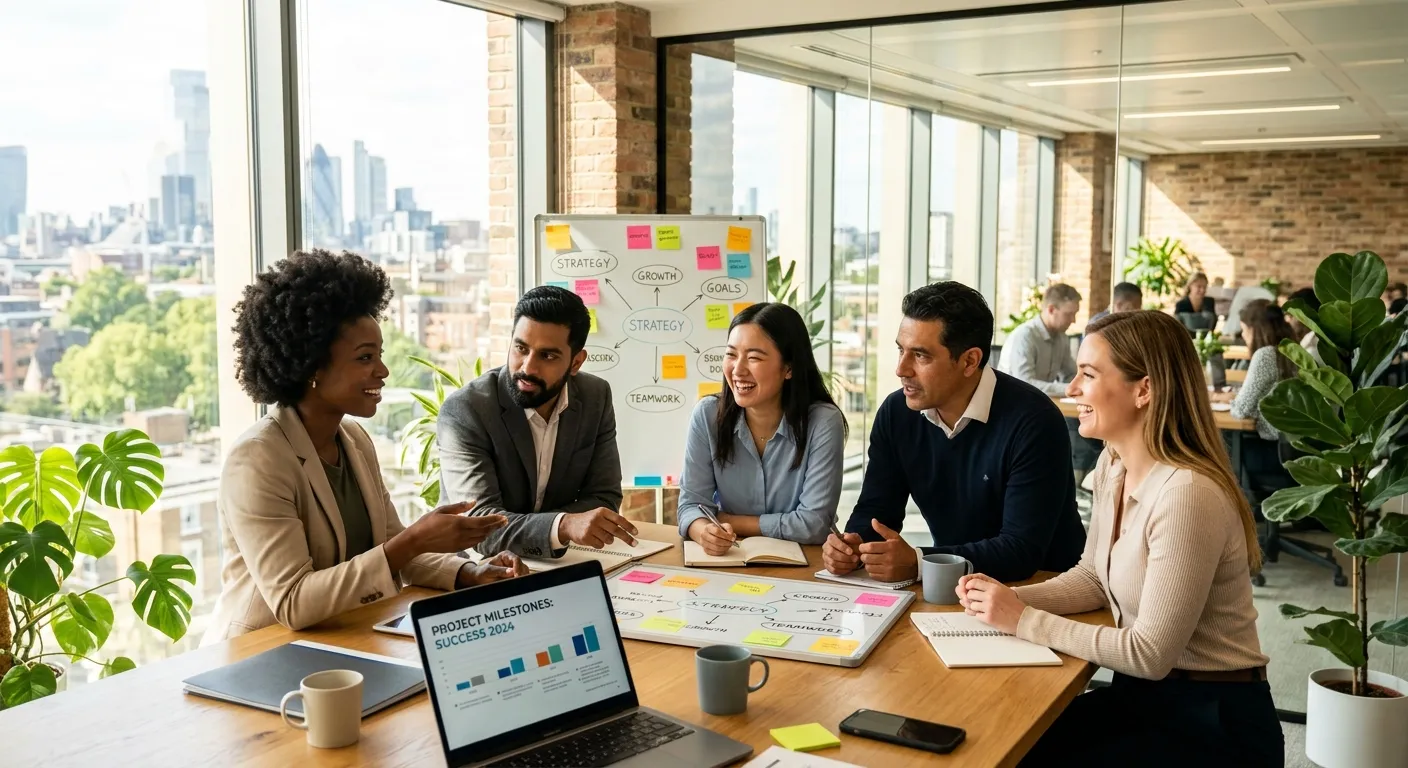 A diverse group of modern professionals collaborating in a bright, sunlit office. The image conveys... A diverse group of modern professionals collaborating in a bright, sunlit office. The image conveys energy, partnership, and strategic success. Style: Professional corporate photography with a warm, optimistic tone.