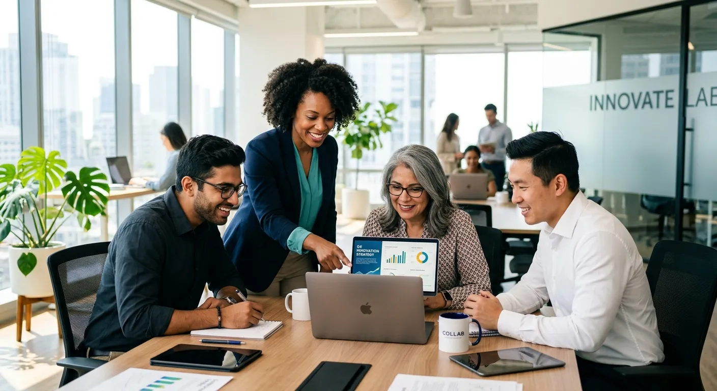 A professional, diverse group of business professionals collaborating in a modern office setting, looking at a laptop. Style: Bright, optimistic, and focused mood.