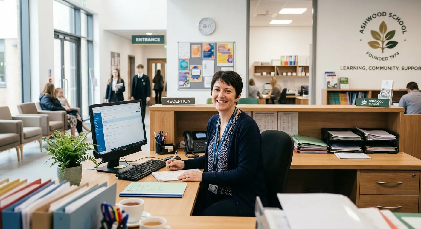 A professional, welcoming image of a modern school reception or administrative office in a UK school. A friendly administrator is seen working at a desk with a computer, organised paperwork, and a potted plant. The mood is efficient, calm, and supportive.
